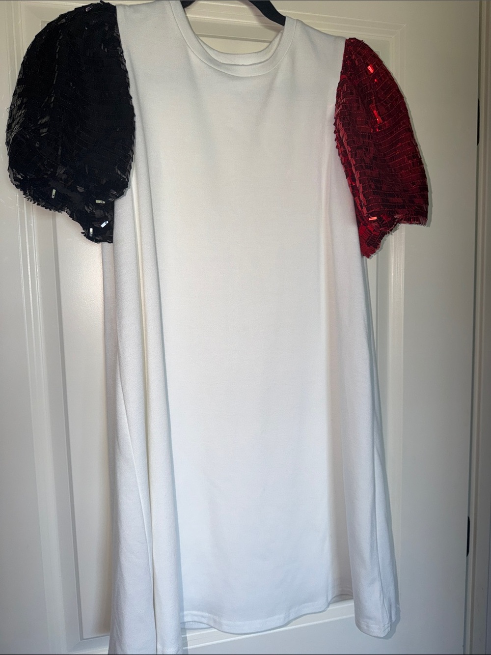 TCEC White Midi Dress with Black and Red Sequin Puff Sleeves